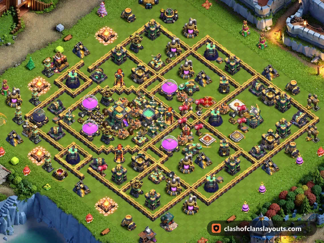 Base Hybride TH14 33 : plan de base hybride HDV 14 Clash of Clans, image complète de la base
