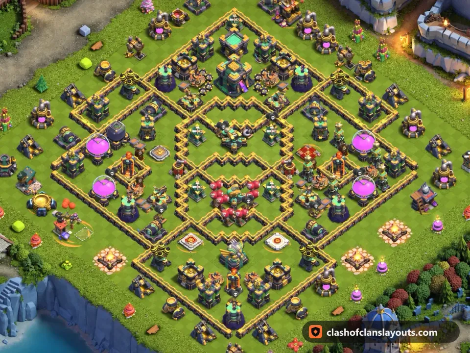 TH14 Hybrid Base Layout 34: Clash of Clans Town Hall 14 hybrid base layout, full base picture