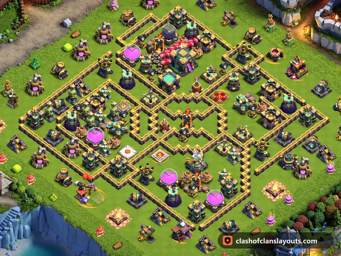 Base Hybride TH14 35 : plan de base hybride HDV 14 Clash of Clans, image complète de la base
