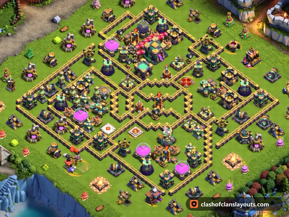TH14 Hybrid Base Layout 35: Clash of Clans Town Hall 14 hybrid base layout, full base picture