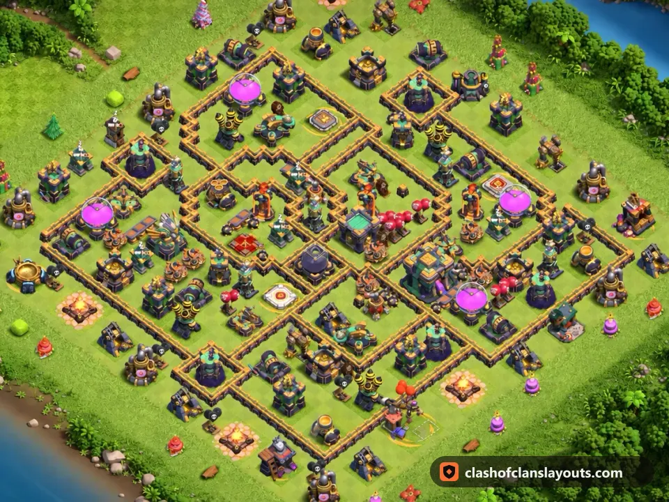 TH14 Hybrid Base Layout 37: Clash of Clans Town Hall 14 hybrid base layout, full base picture