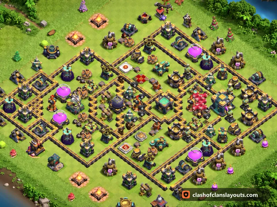 TH14 Hybrid Base Layout 38: Clash of Clans Town Hall 14 hybrid base layout, full base picture