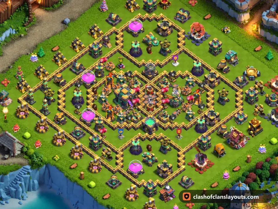 TH14 Hybrid Base Layout 39: Clash of Clans Town Hall 14 hybrid base layout, full base picture