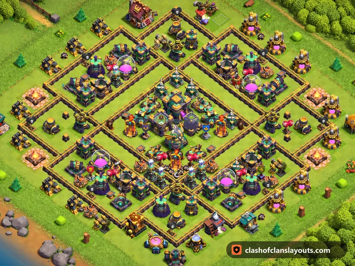 TH14 Trophy Base Layout 82: Clash of Clans Town Hall 14 trophy base layout, full base picture
