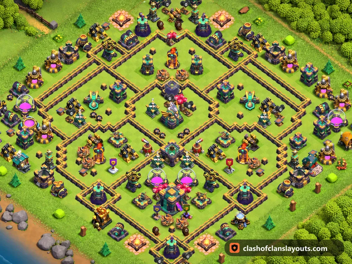 TH14 Trophy Base Layout 83: Clash of Clans Town Hall 14 trophy base layout, full base picture