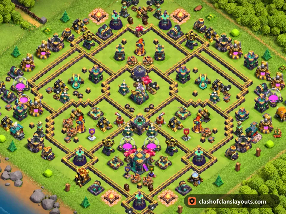 TH14 Trophy Base Layout 83: Clash of Clans Town Hall 14 trophy base layout, full base picture