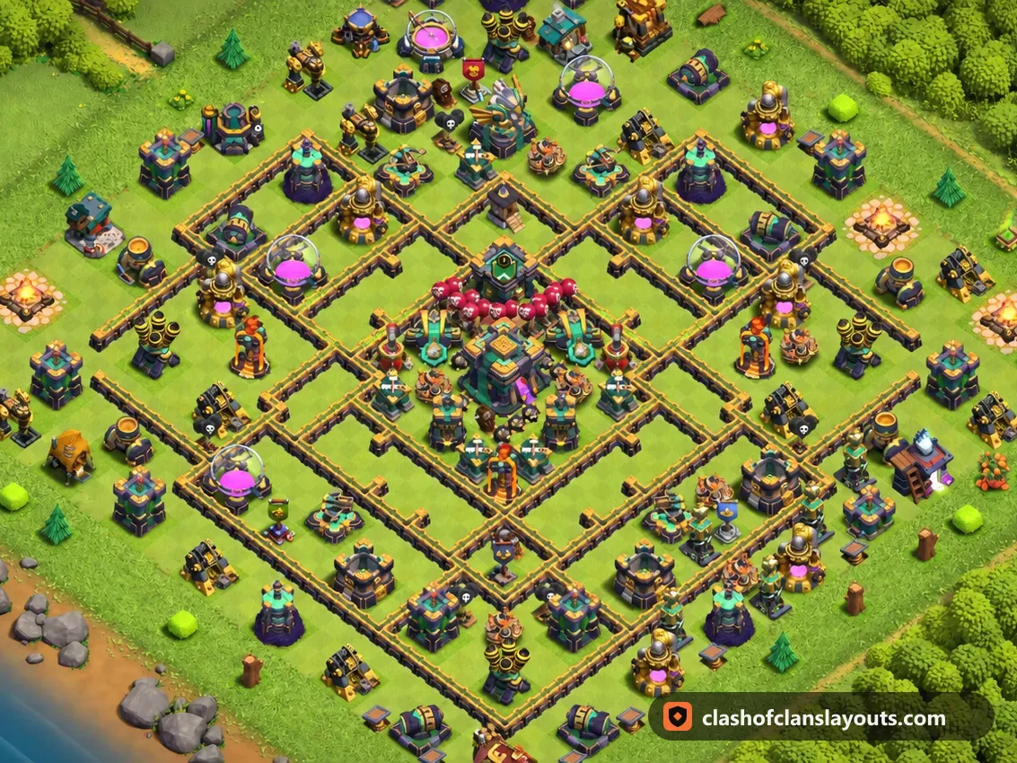 TH14 Trophy Base Layout 84: Clash of Clans Town Hall 14 trophy base layout, full base picture