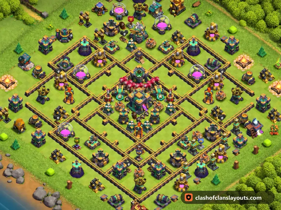 TH14 Trophy Base Layout 84: Clash of Clans Town Hall 14 trophy base layout, full base picture