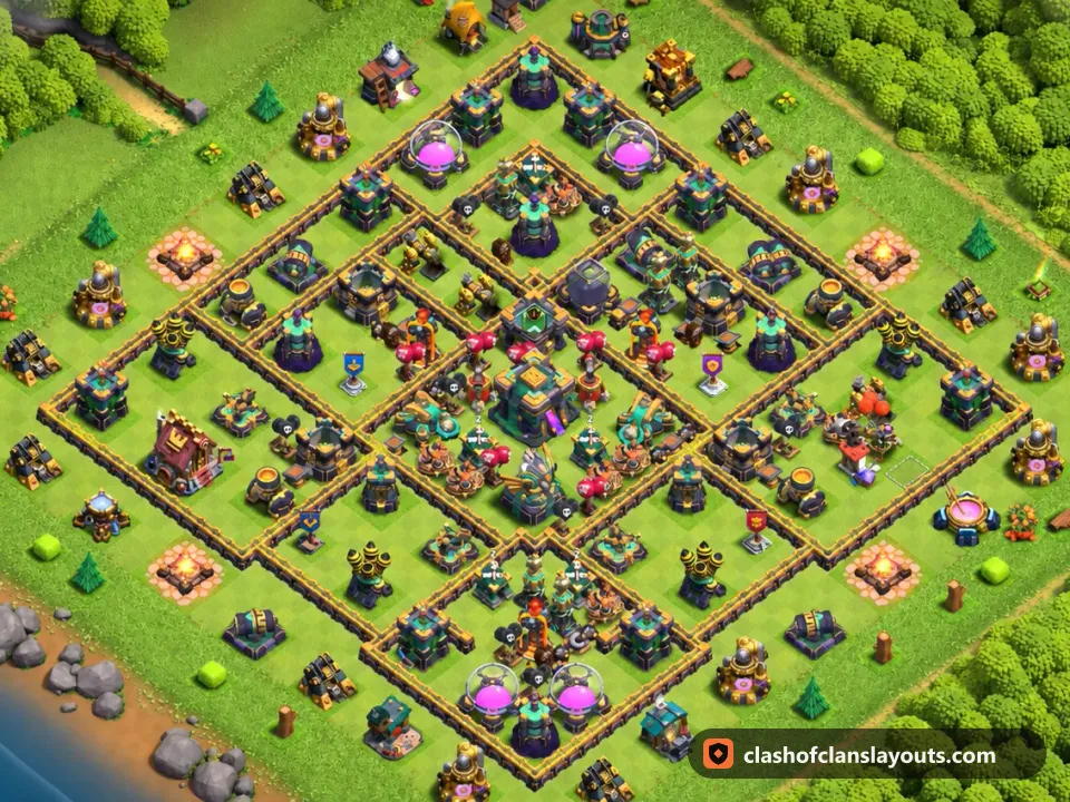 TH14 Trophy Base Layout 85: Clash of Clans Town Hall 14 trophy base layout, full base picture