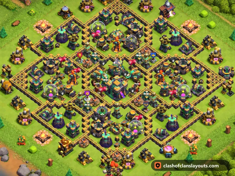 TH14 Trophy Base Layout 87: Clash of Clans Town Hall 14 trophy base layout, full base picture