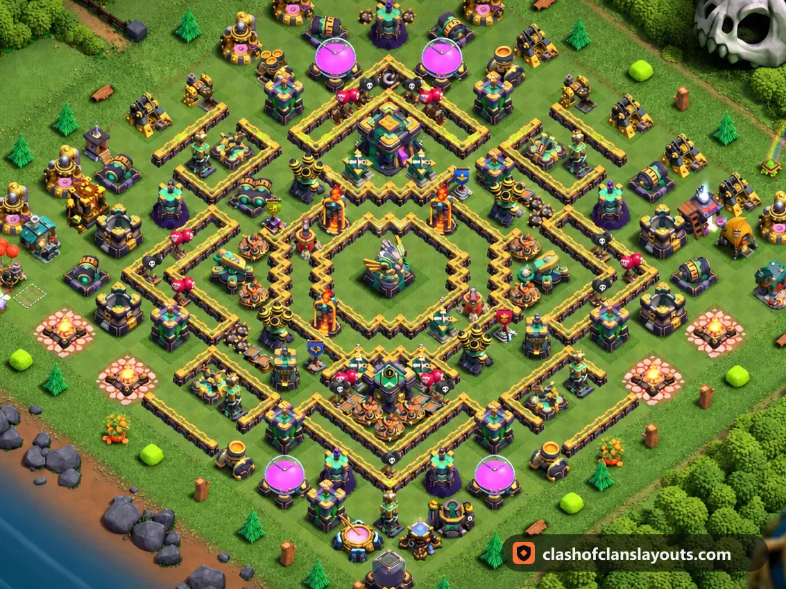 TH14 Trophy Base Layout 90: Clash of Clans Town Hall 14 trophy base layout, full base picture