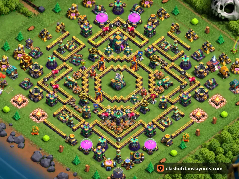 TH14 Trophy Base Layout 90: Clash of Clans Town Hall 14 trophy base layout, full base picture