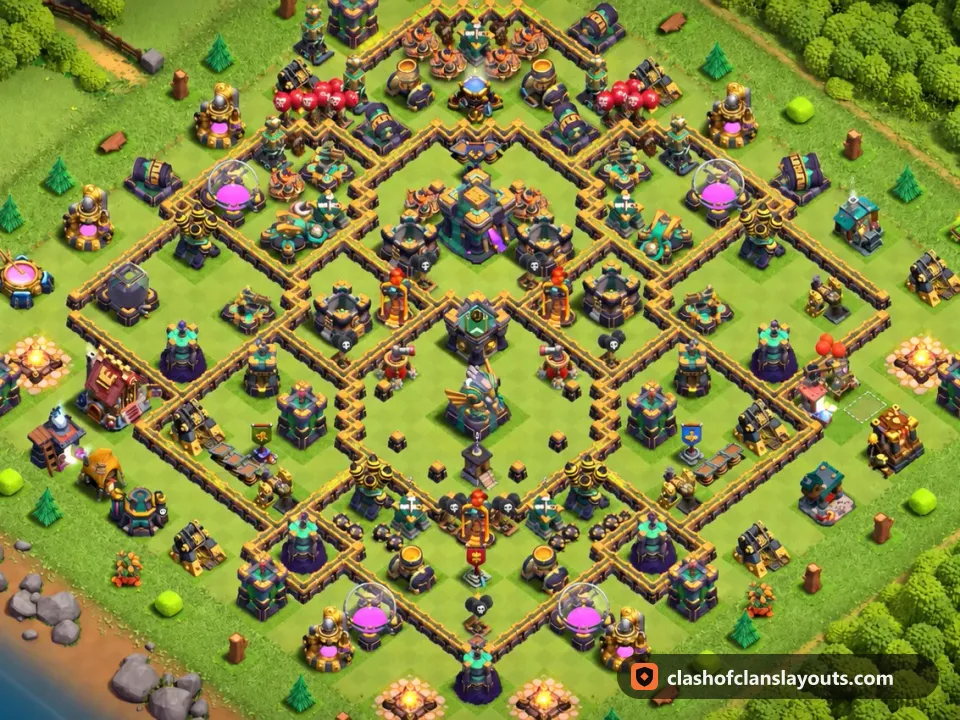 TH14 Trophy Base Layout 92: Clash of Clans Town Hall 14 trophy base layout, full base picture