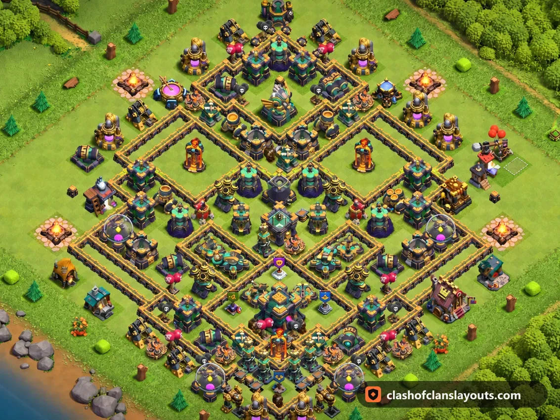 Trophäenbase TH14 93: Clash of Clans Trophäenbase für Rathaus 14, komplettes Bild der Base