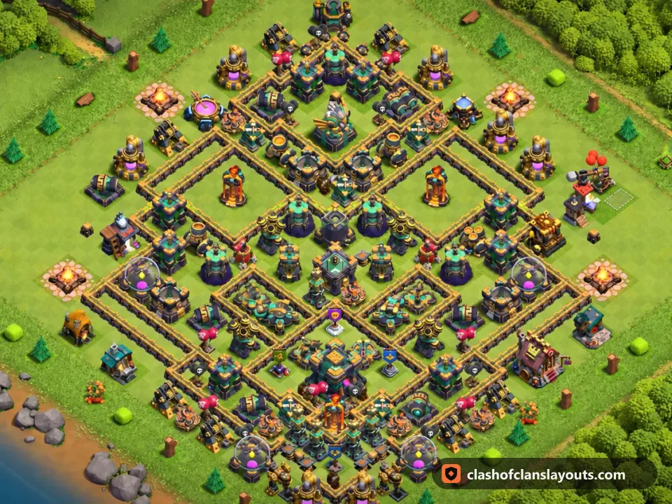 TH14 Trophy Base Layout 93: Clash of Clans Town Hall 14 trophy base layout, full base picture