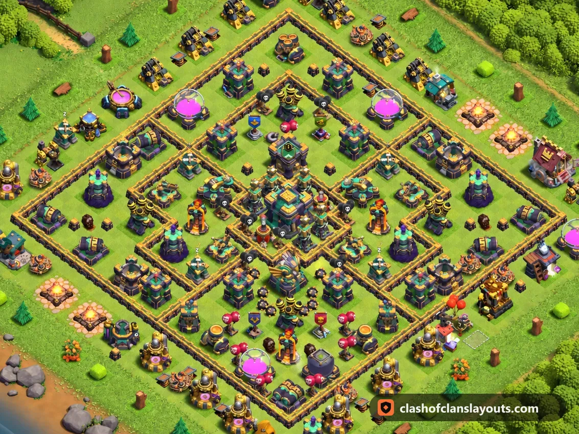 Trophäenbase TH14 94: Clash of Clans Trophäenbase für Rathaus 14, komplettes Bild der Base