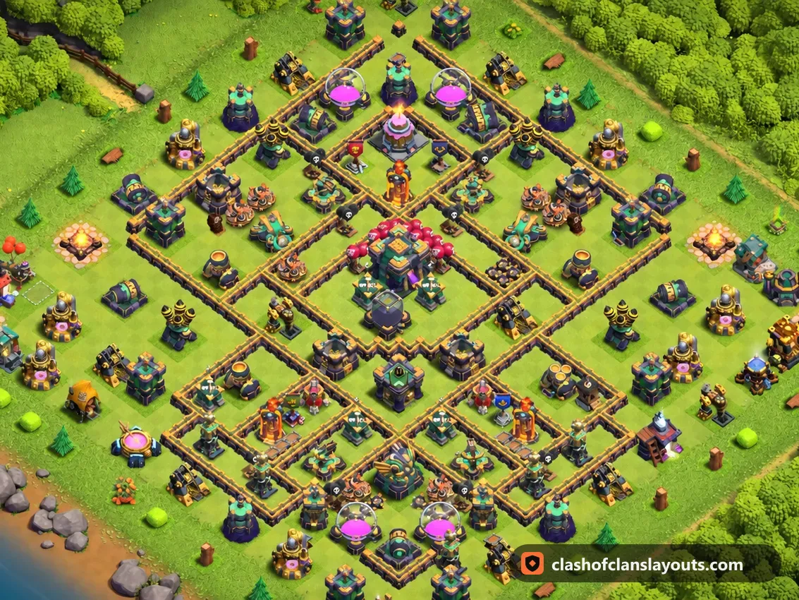 Trophäenbase TH14 96: Clash of Clans Trophäenbase für Rathaus 14, komplettes Bild der Base