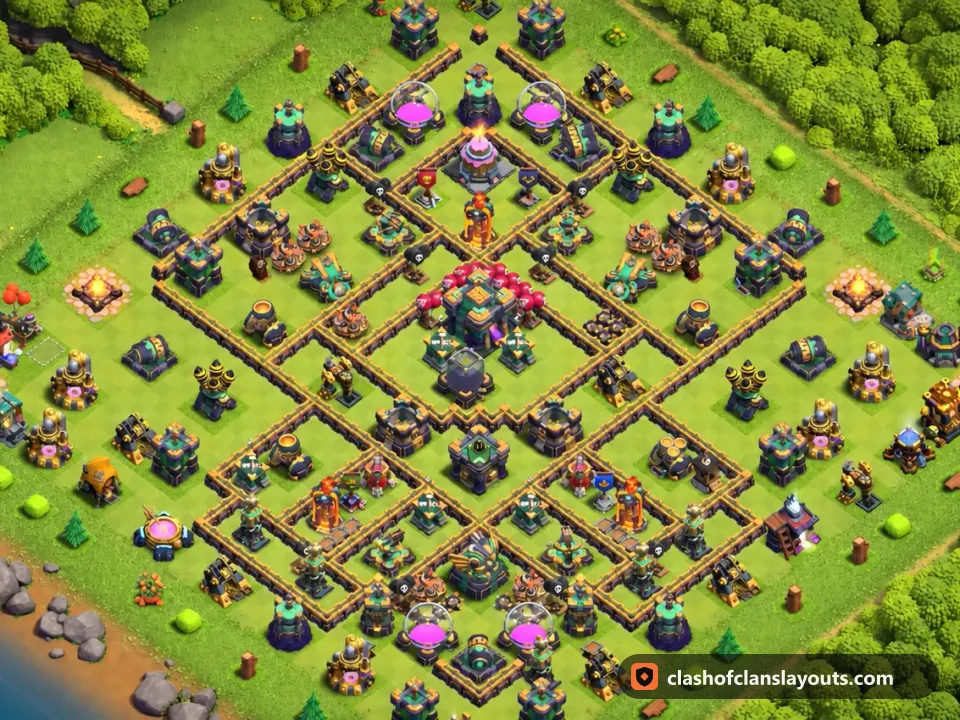 TH14 Trophy Base Layout 96: Clash of Clans Town Hall 14 trophy base layout, full base picture