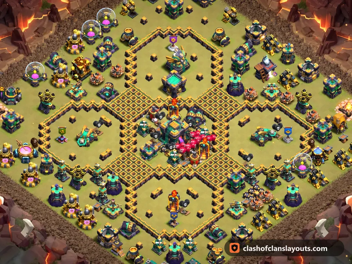 TH14 War Base Layout 230: Clash of Clans Town Hall 14 war base layout, full base picture