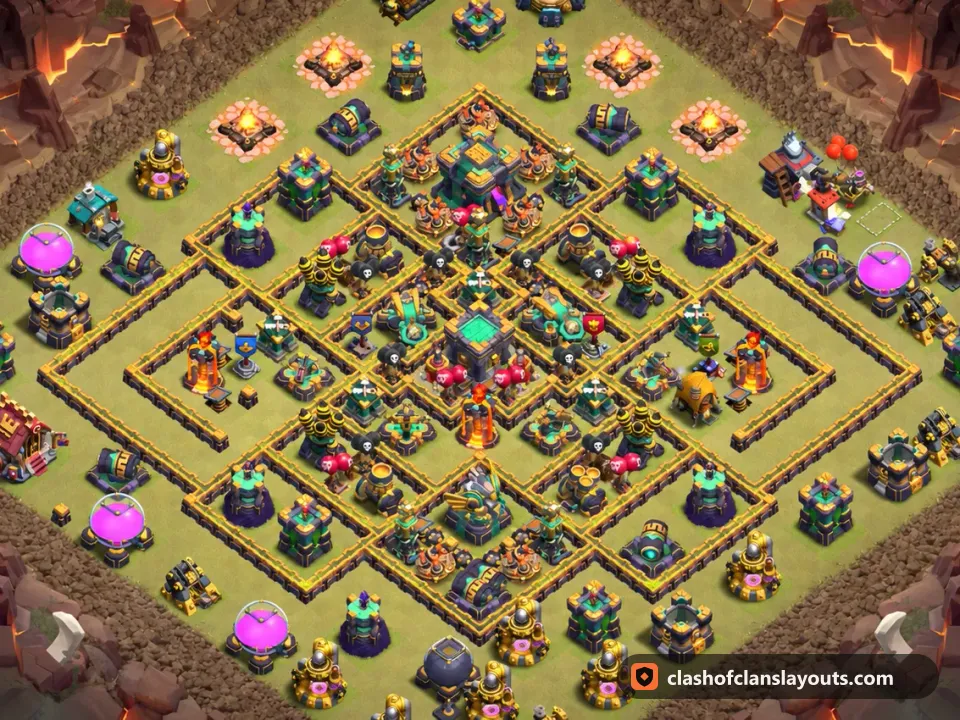 TH14 War Base Layout 232: Clash of Clans Town Hall 14 war base layout, full base picture