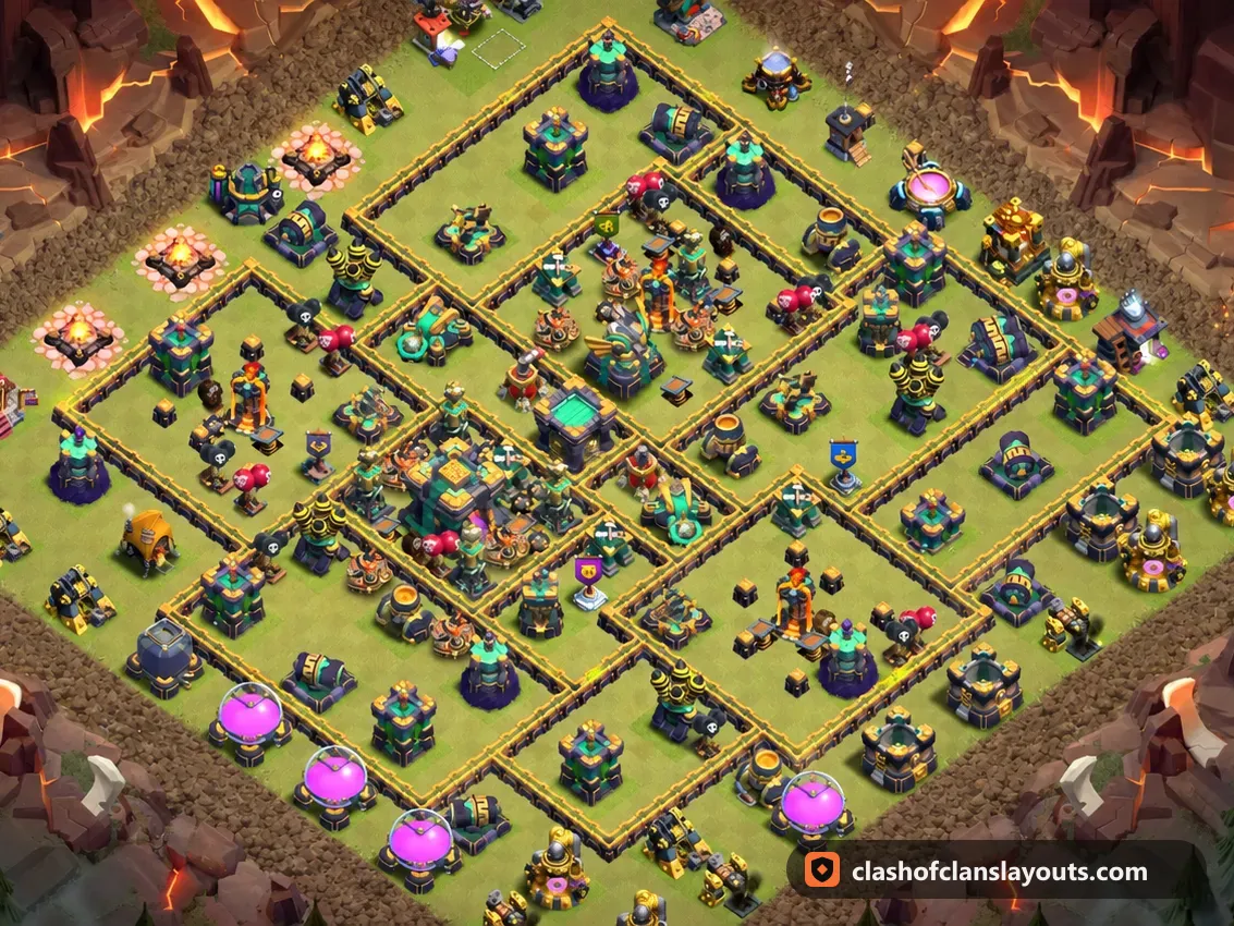 TH14 War Base Layout 233: Clash of Clans Town Hall 14 war base layout, full base picture