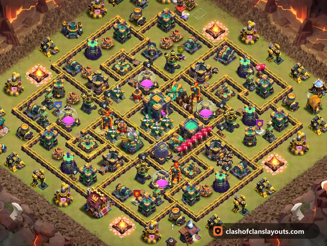 TH14 War Base Layout 234: Clash of Clans Town Hall 14 war base layout, full base picture
