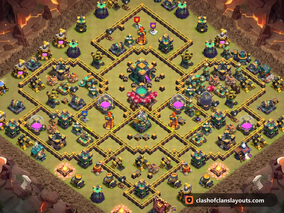TH14 War Base Layout 235: Clash of Clans Town Hall 14 war base layout, full base picture