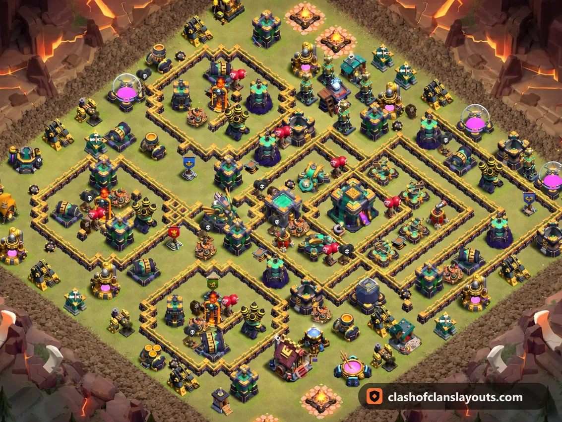 TH14 War Base Layout 238: Clash of Clans Town Hall 14 war base layout, full base picture