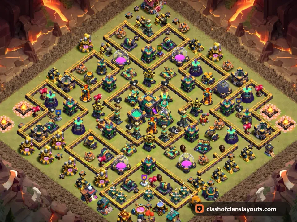 TH14 War Base Layout 239: Clash of Clans Town Hall 14 war base layout, full base picture