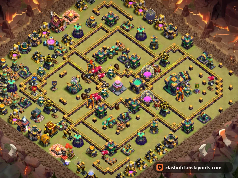 TH14 War Base Layout 242: Clash of Clans Town Hall 14 war base layout, full base picture