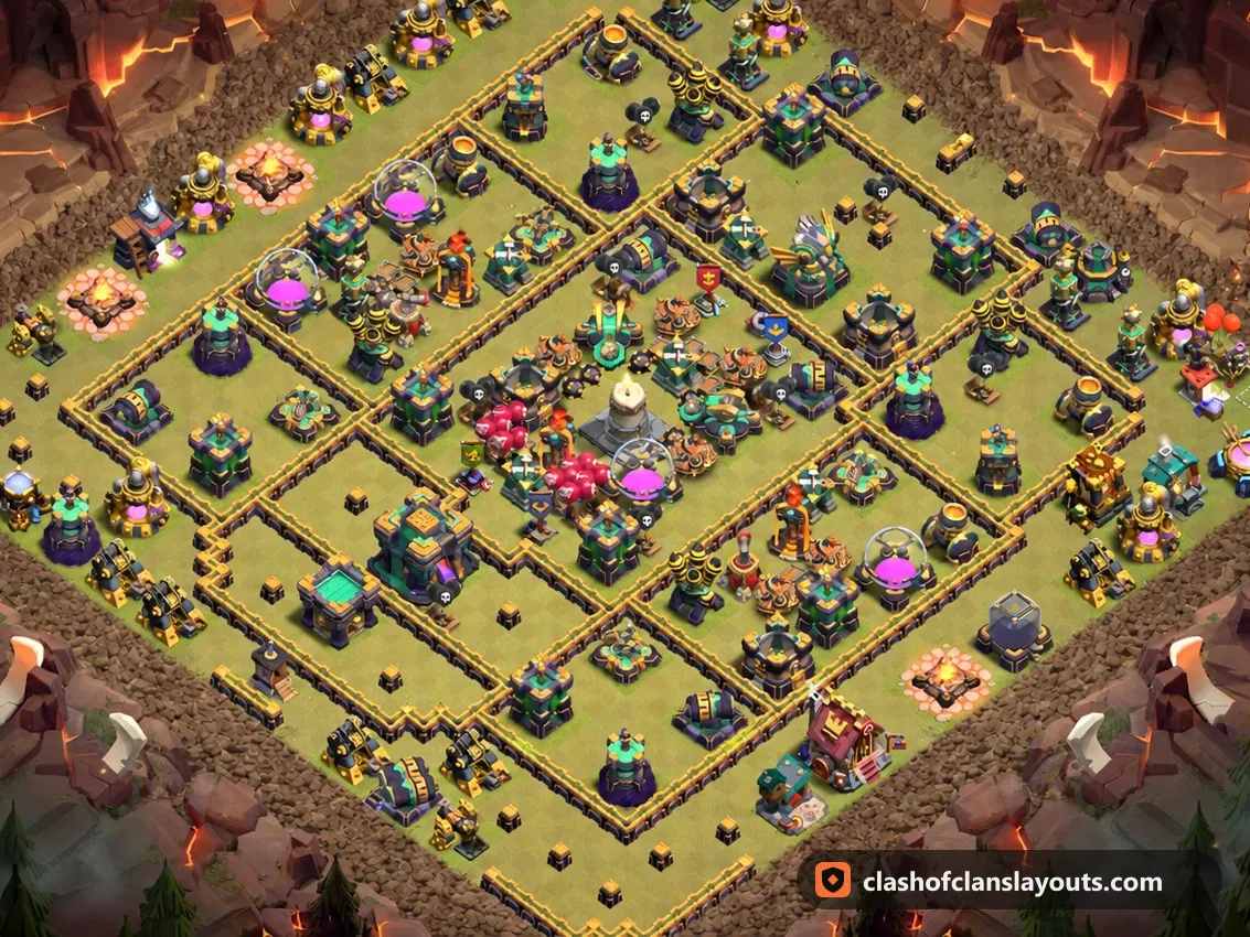 TH14 War Base Layout 243: Clash of Clans Town Hall 14 war base layout, full base picture