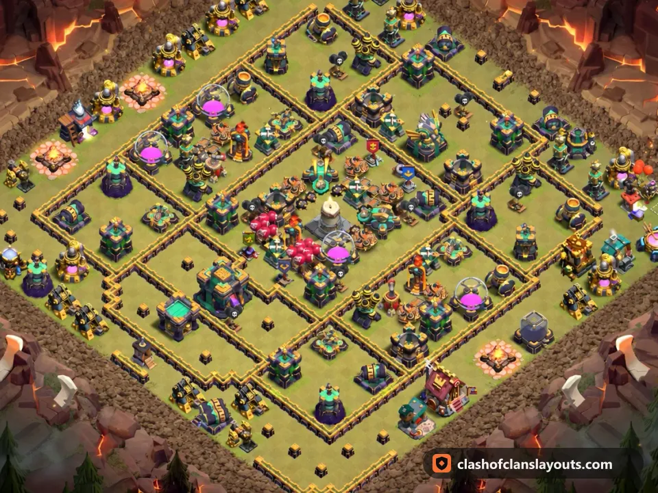 TH14 War Base Layout 243: Clash of Clans Town Hall 14 war base layout, full base picture