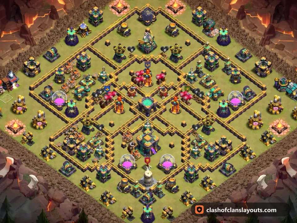 TH14 War Base Layout 244: Clash of Clans Town Hall 14 war base layout, full base picture