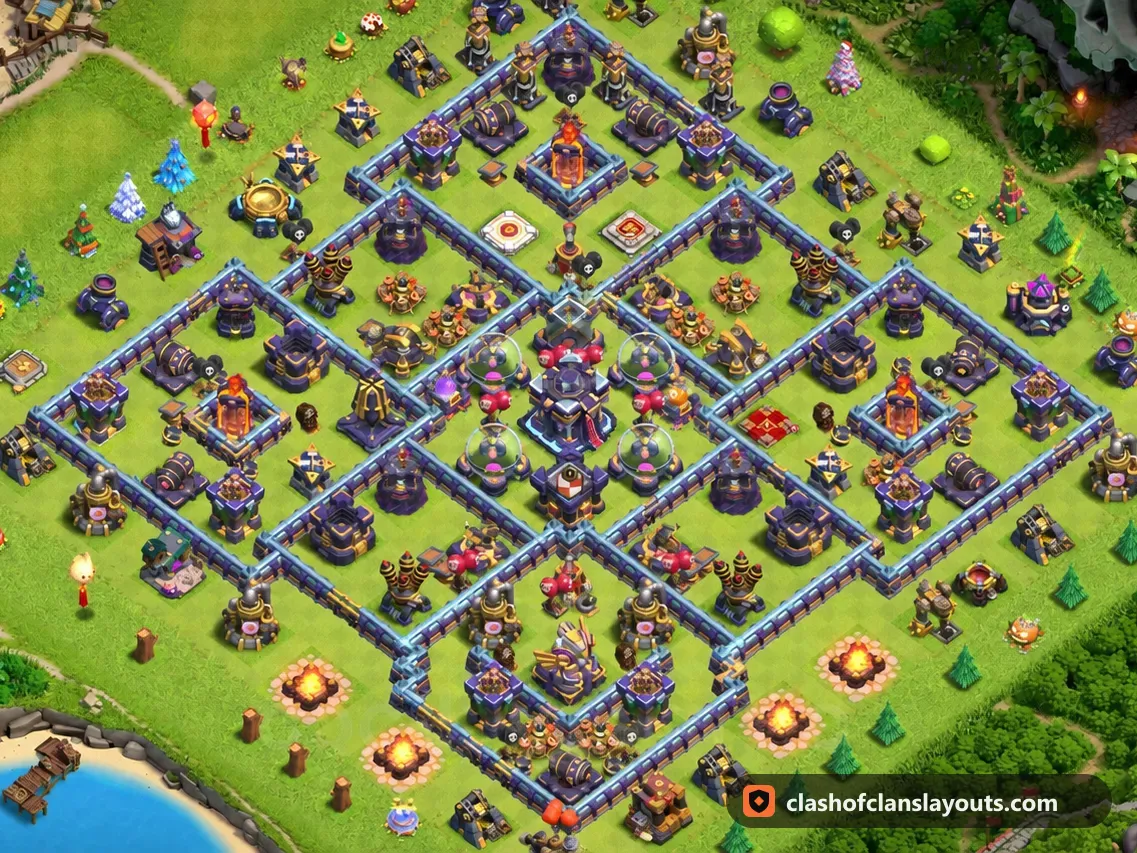 TH15 Hybrid Base Layout 11: Clash of Clans Town Hall 15 hybrid base layout, full base picture