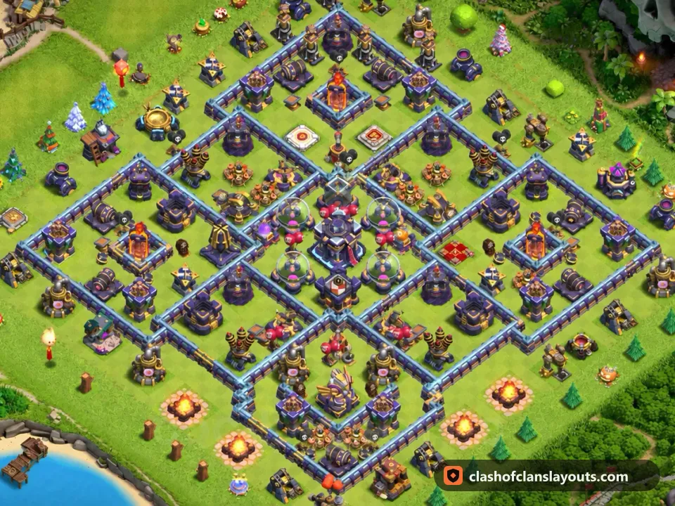 TH15 Hybrid Base Layout 11: Clash of Clans Town Hall 15 hybrid base layout, full base picture