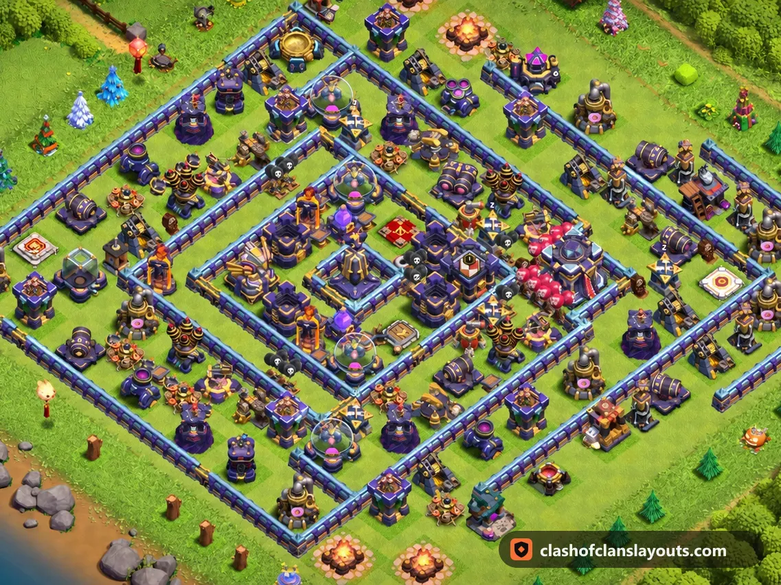 TH15 Hybrid Base Layout 12: Clash of Clans Town Hall 15 hybrid base layout, full base picture