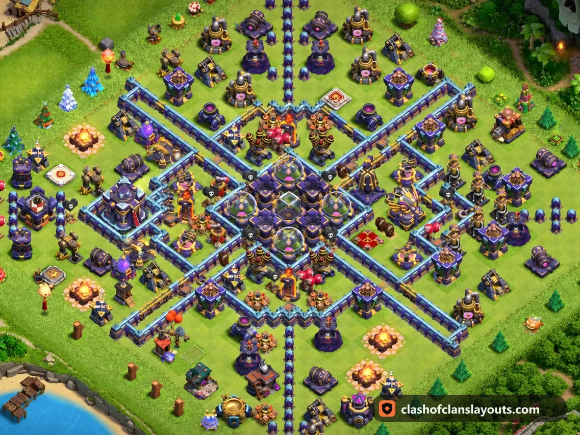 TH15 Hybrid Base Layout 13: Clash of Clans Town Hall 15 hybrid base layout, full base picture