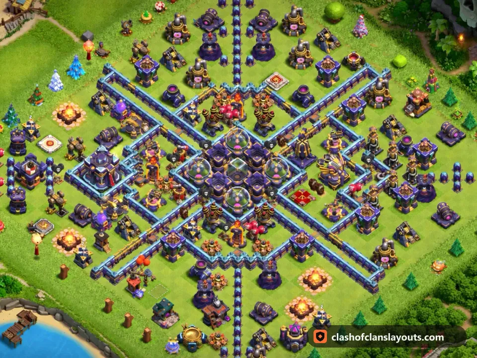 TH15 Hybrid Base Layout 13: Clash of Clans Town Hall 15 hybrid base layout, full base picture