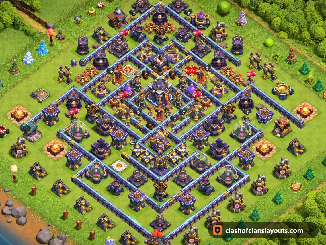 TH15 Hybrid Base Layout 14: Clash of Clans Town Hall 15 hybrid base layout, full base picture