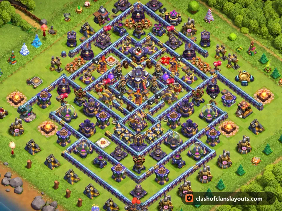TH15 Hybrid Base Layout 14: Clash of Clans Town Hall 15 hybrid base layout, full base picture