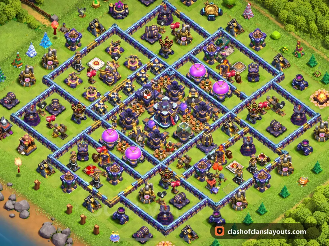TH15 Hybrid Base Layout 15: Clash of Clans Town Hall 15 hybrid base layout, full base picture
