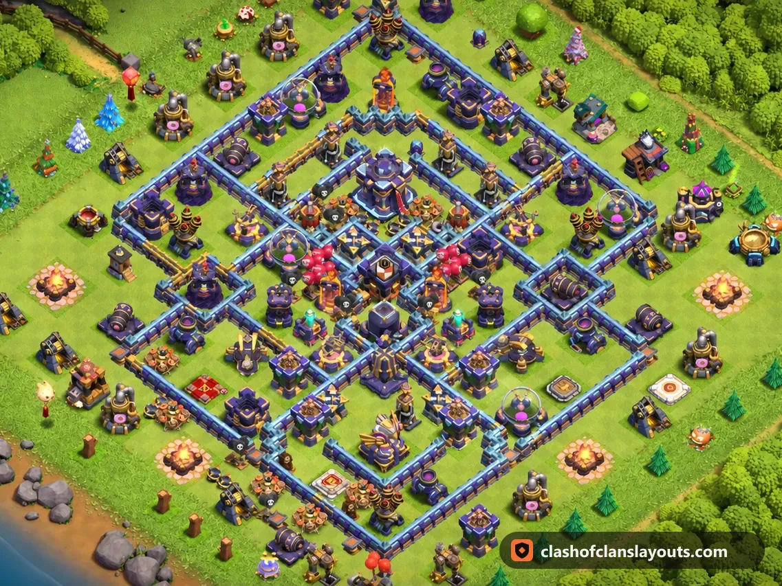 TH15 Hybrid Base Layout 17: Clash of Clans Town Hall 15 hybrid base layout, full base picture