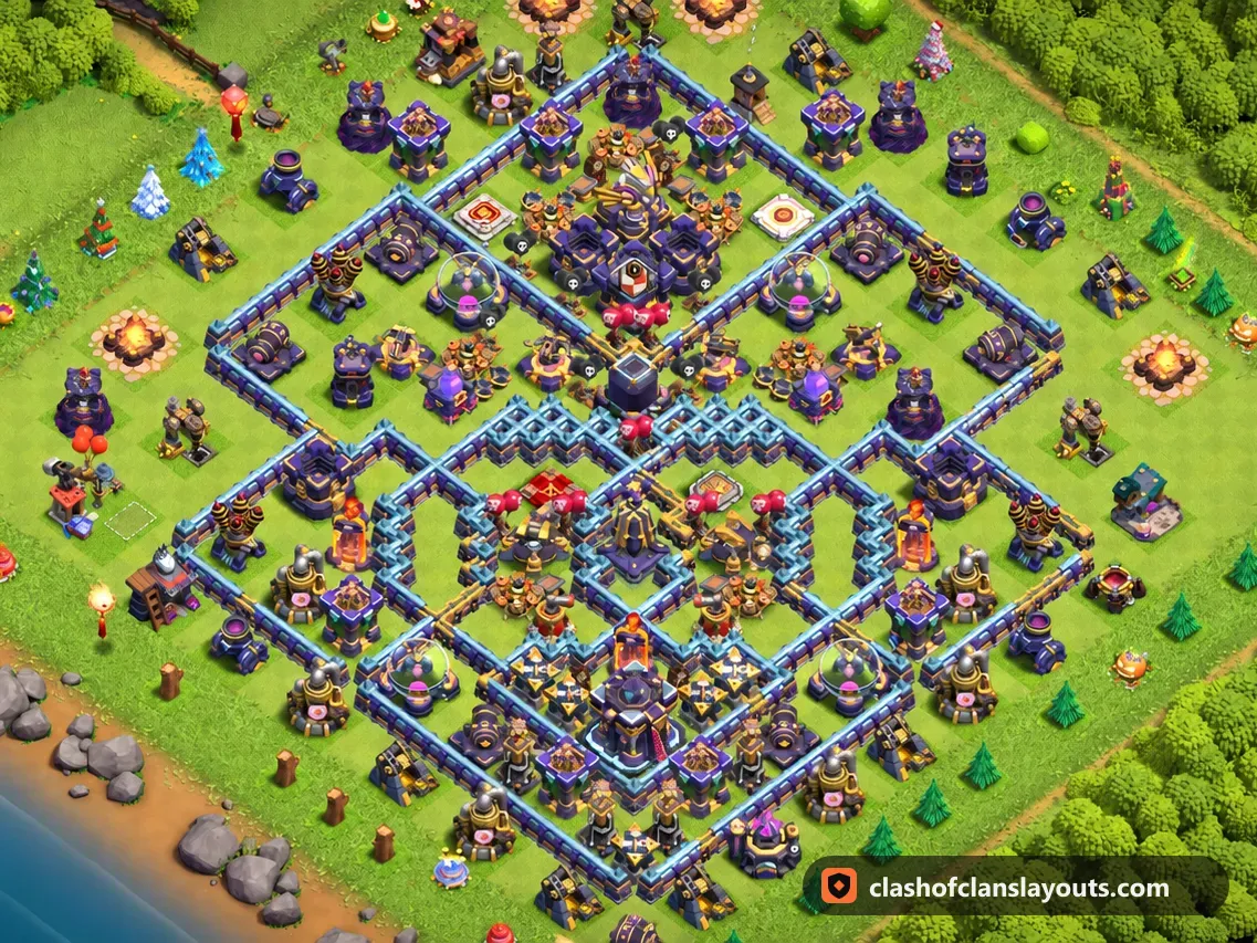 TH15 Hybrid Base Layout 18: Clash of Clans Town Hall 15 hybrid base layout, full base picture