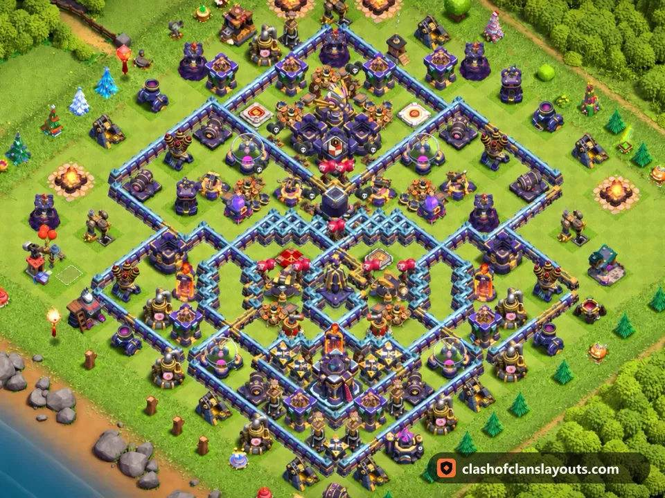 TH15 Hybrid Base Layout 18: Clash of Clans Town Hall 15 hybrid base layout, full base picture
