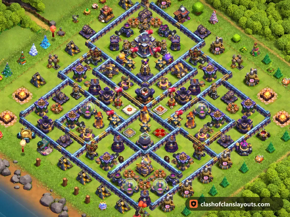 TH15 Hybrid Base Layout 20: Clash of Clans Town Hall 15 hybrid base layout, full base picture