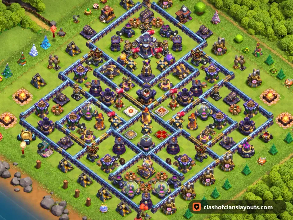 TH15 Hybrid Base Layout 20: Clash of Clans Town Hall 15 hybrid base layout, full base picture