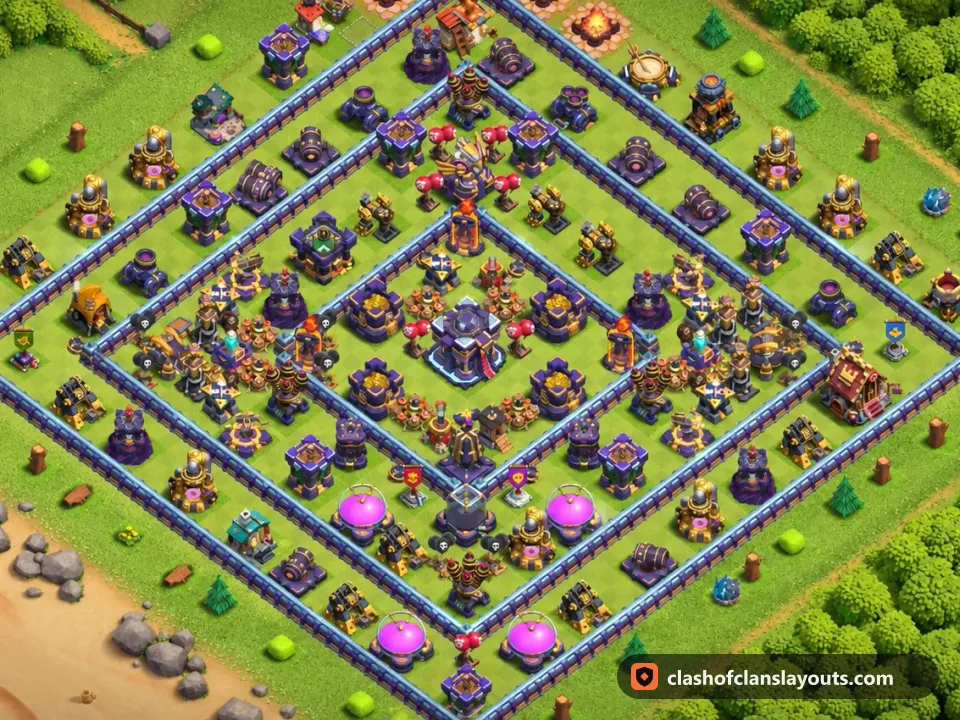 TH15 Hybrid Base Layout 21: Clash of Clans Town Hall 15 hybrid base layout, full base picture