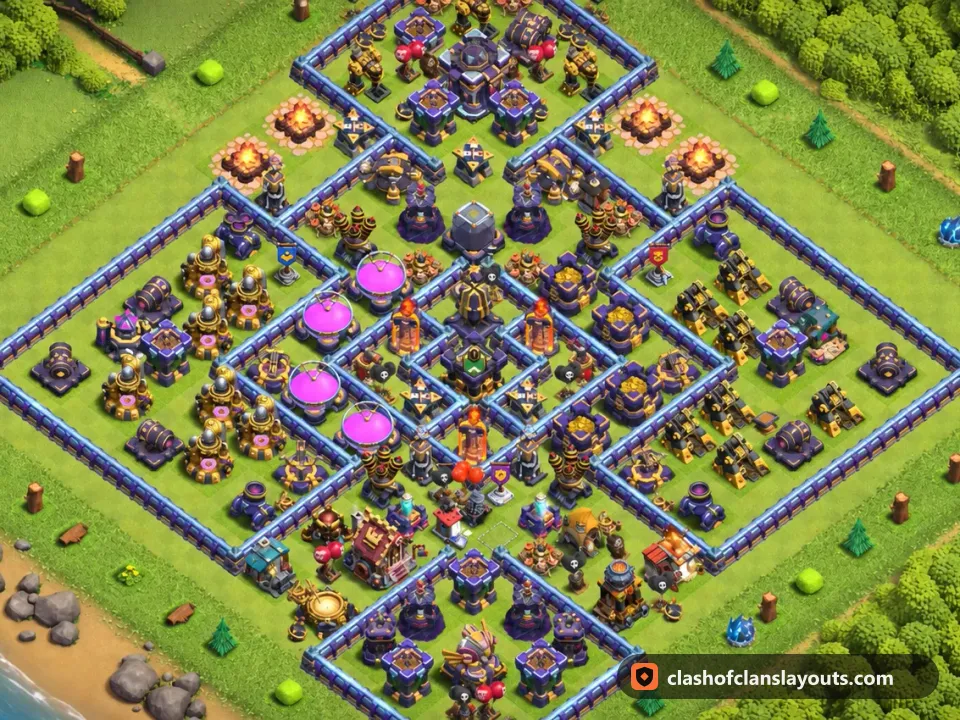 TH15 Hybrid Base Layout 22: Clash of Clans Town Hall 15 hybrid base layout, full base picture