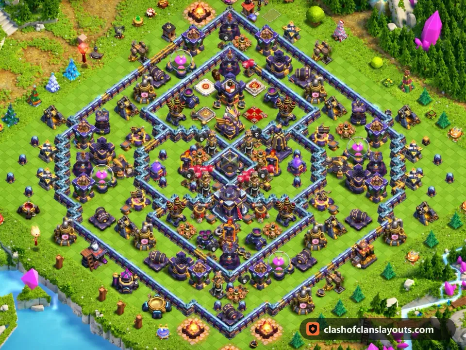 TH15 Hybrid Base Layout 8: Clash of Clans Town Hall 15 hybrid base layout, full base picture