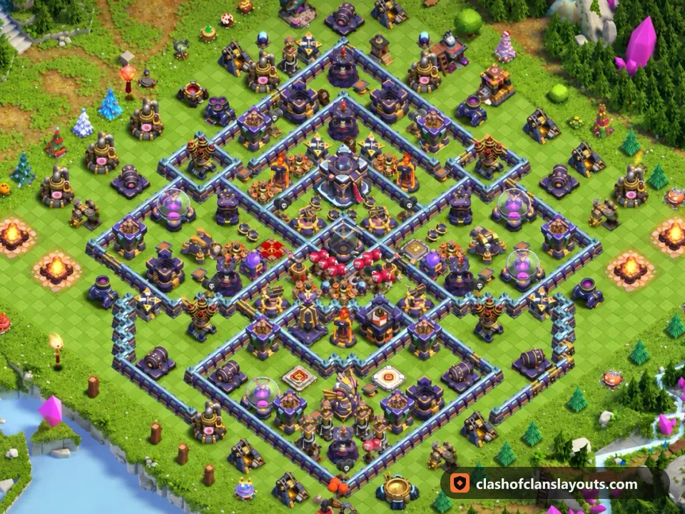 TH15 Hybrid Base Layout 9: Clash of Clans Town Hall 15 hybrid base layout, full base picture